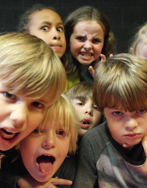 Een groep kinderen maakt kwade gezichten
