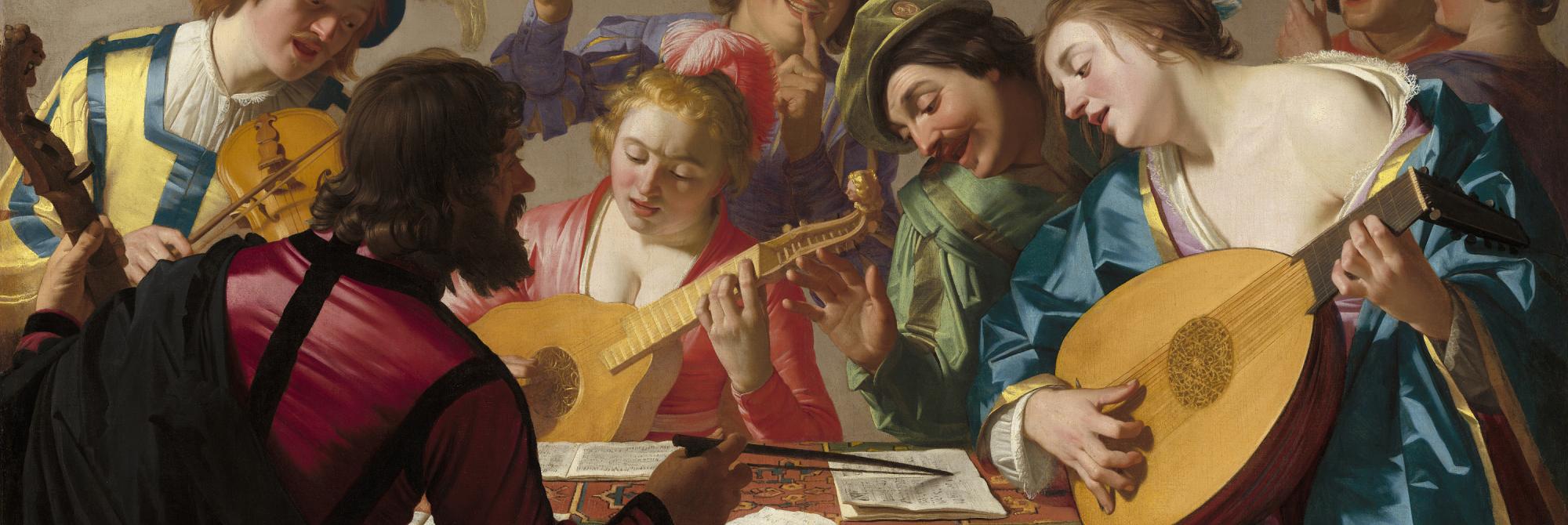 Schilderij Gerard van Honthorst met renaissance muziekinstrumenten